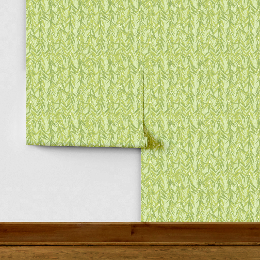 The artwork is a repeating pattern of olive branches with slender green leaves and small, light yellow-green olives set against a pale textured background. The branches hang vertically, creating a cascading effect. The color palette is composed of various shades of green and soft yellow tones, giving the piece a natural, calming, and organic feel. 